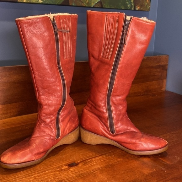 Eddie Bauer Vintage leather shearling winter tall boots wedge heel Sz 9 Rust - Picture 7 of 17